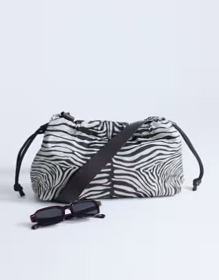 Ruched zebra-print woven crossbody bag