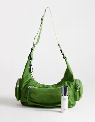 Green curved fabric crossbody bag