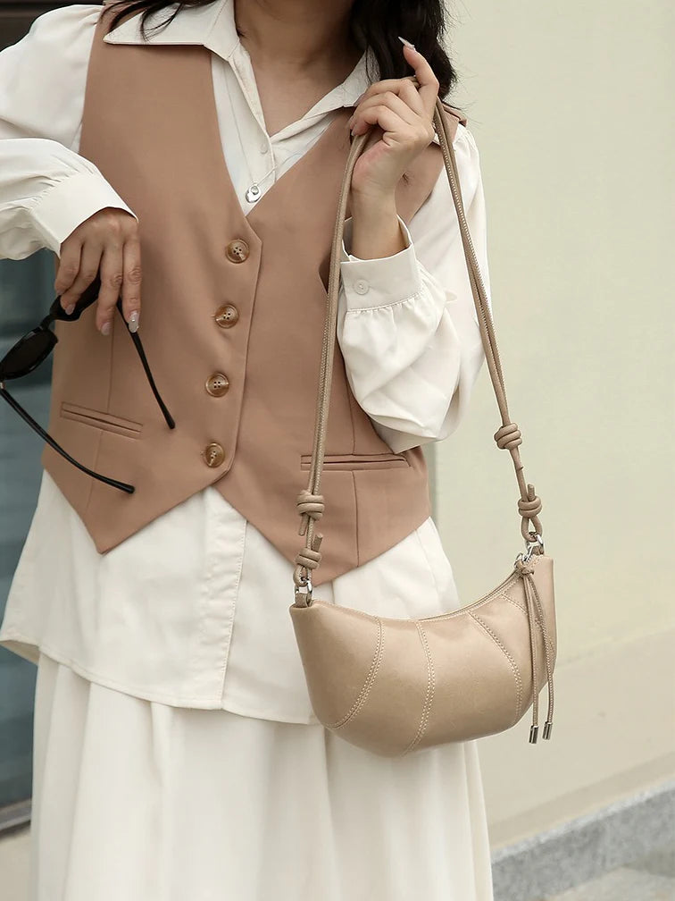 Paneled dumpling-shaped waxed cowhide crossbody/underarm bag