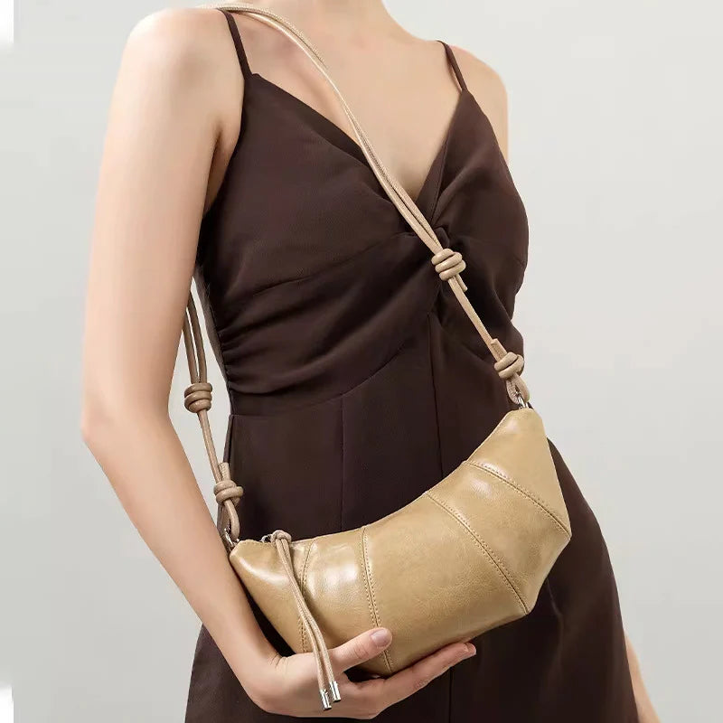 Paneled dumpling-shaped waxed cowhide crossbody/underarm bag